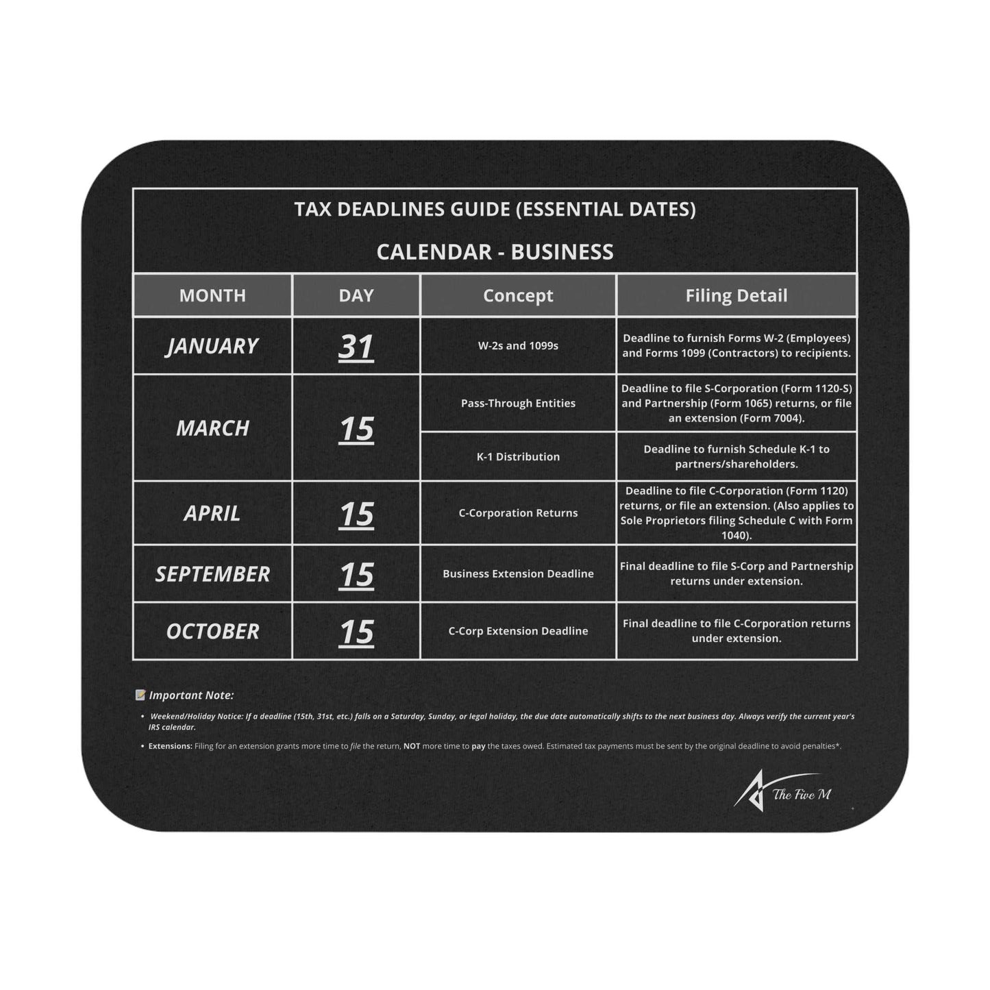 Business Tax Deadline Mouse Pad - Federal Tax Calendar