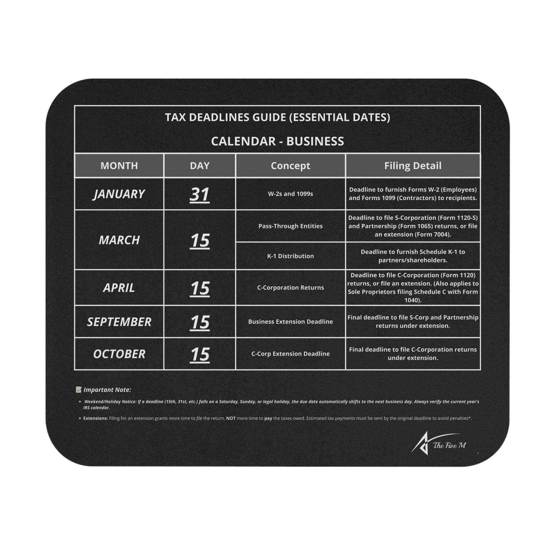 Business Tax Deadline Mouse Pad - Federal Tax Calendar